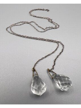 Antique Art Deco Rock Crystal Tear Drop Sterling Silver Lariat Necklace